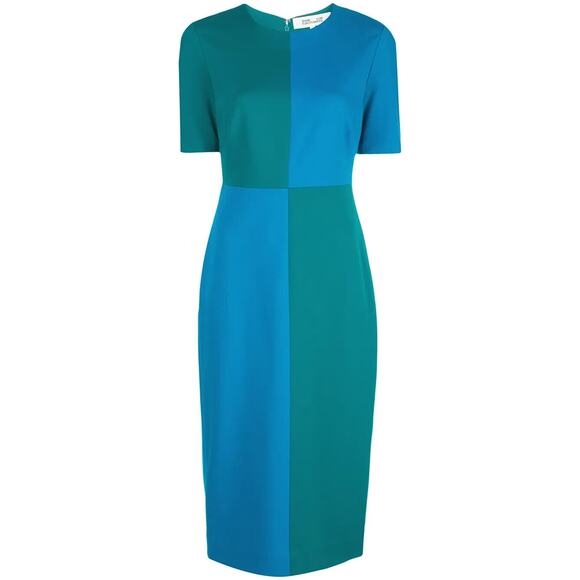 DIANE VON FURSTENBERG Davis Fitted Midi Dress Blue Green Sheath Short Sl… - Picture 1 of 8